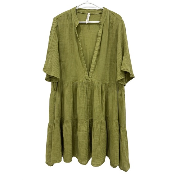 Anthropologie Tops - Anthropologie 2X Olive Green Cotton Gauze Tiered Midi Dress V Neck